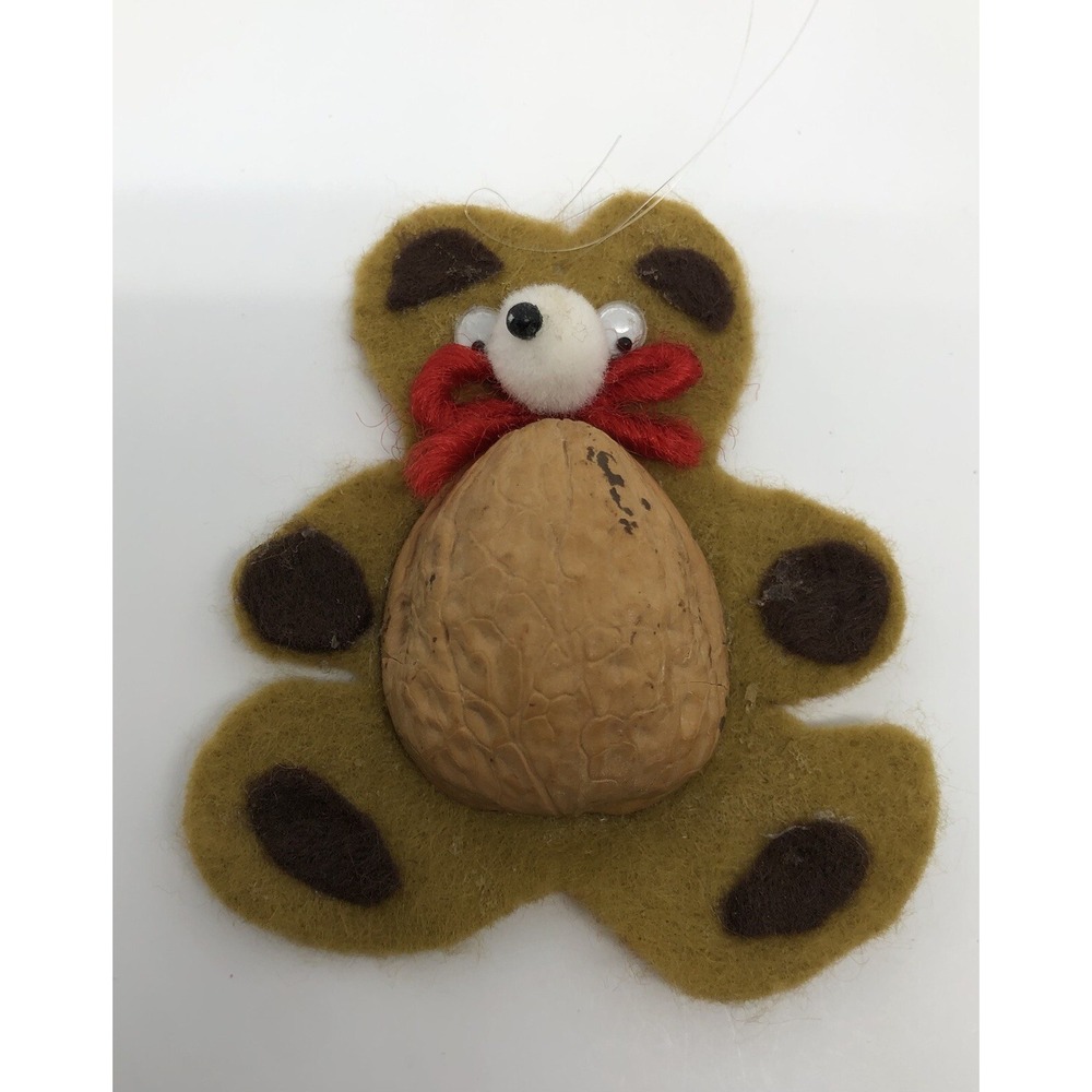 1970s Vintage Bear‎ Christmas Ornament Googly Eyes Walnut Felt 2" Retro Teddy